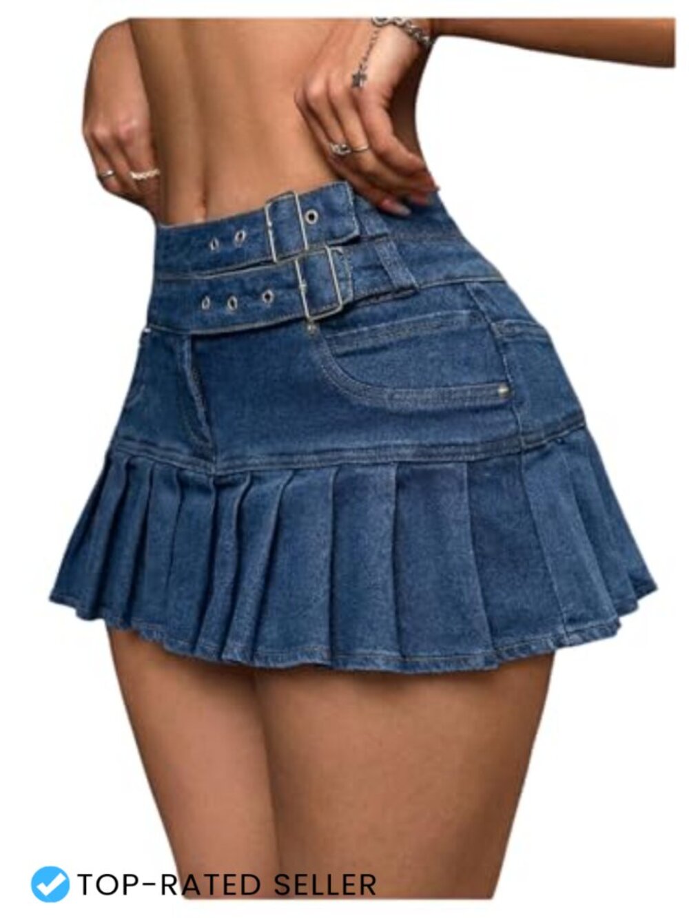 Y2K Denim Mini Skirt Pleated Flared Hem Belted Low Rise Pull On